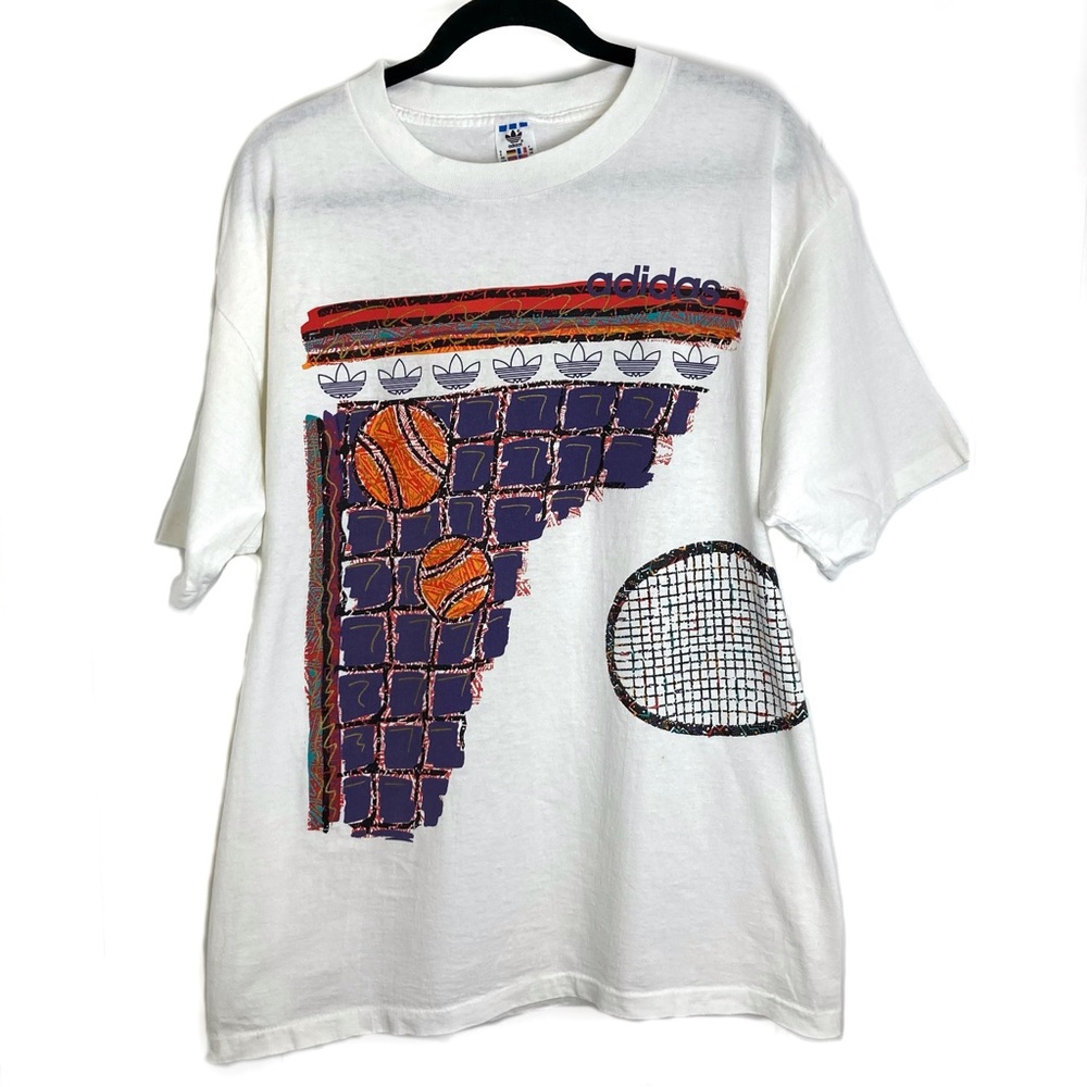 [ADIDAS] Vintage Tennis Themed Graphic Print Crew Neck Cotton T-shirt U.S.A L